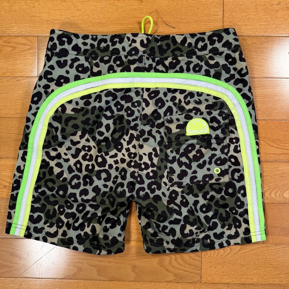 Sundek Mens Leopard Print Board Shorts Neon Green Rainbow Stripe Size 28 M503BD